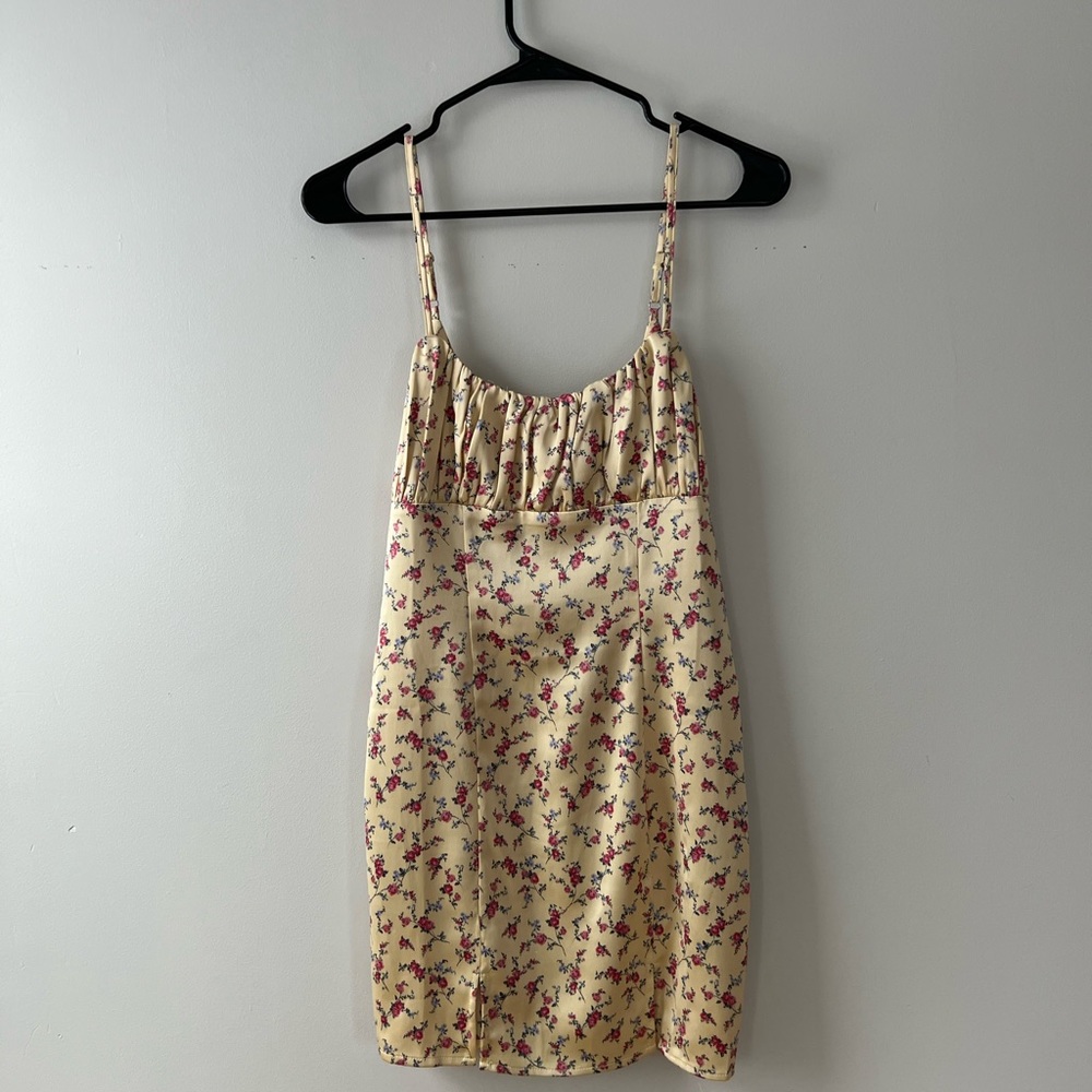 yellow satin mini dress